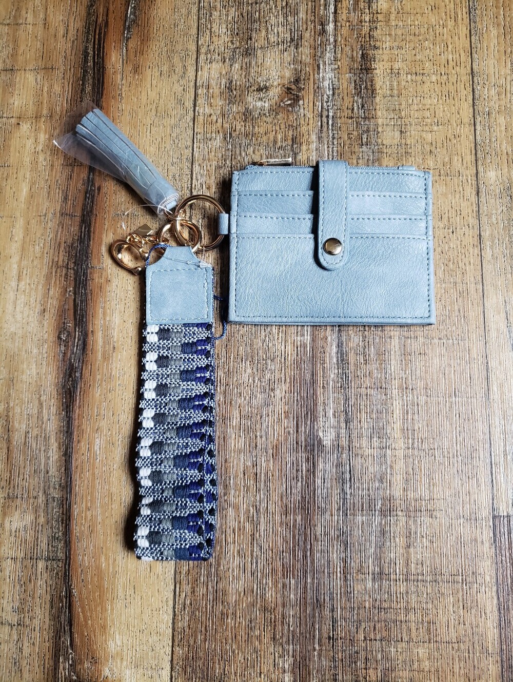 Blue Women’s Zip Cardholder Wristlet Keychain with Tassel & "C" Charm